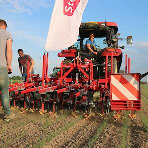 Akkerbouwer Derk Gesink nam zijn eigen Steketee-schoffel mee naar de demo, voorzien van vaste messen en hoekschoffels. De machine hangt in parallel-armen. De camerasoftware herkent geen plantjes maar zoekt naar rijtjes en kan daarom eenvoudig in meerdere